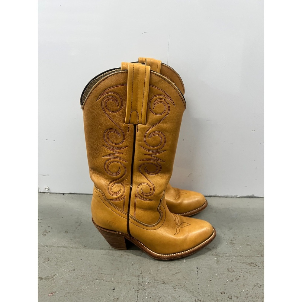 Frye Western Boots Women's US Sz 5B Tan Leather Embroidered Round Toe Cowgirl